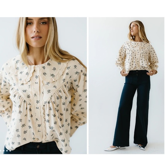 bohme Tops - Bohme Wallace Cream Floral Blouse Cottagecore Peter Pan Collar Linen Blend M NWT